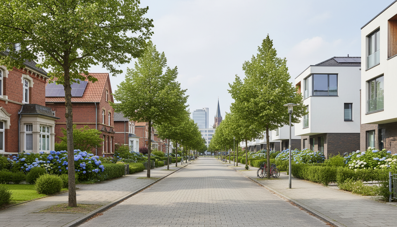 Baumgesäumte Straße mit Hortensien und Wohnhäusern.