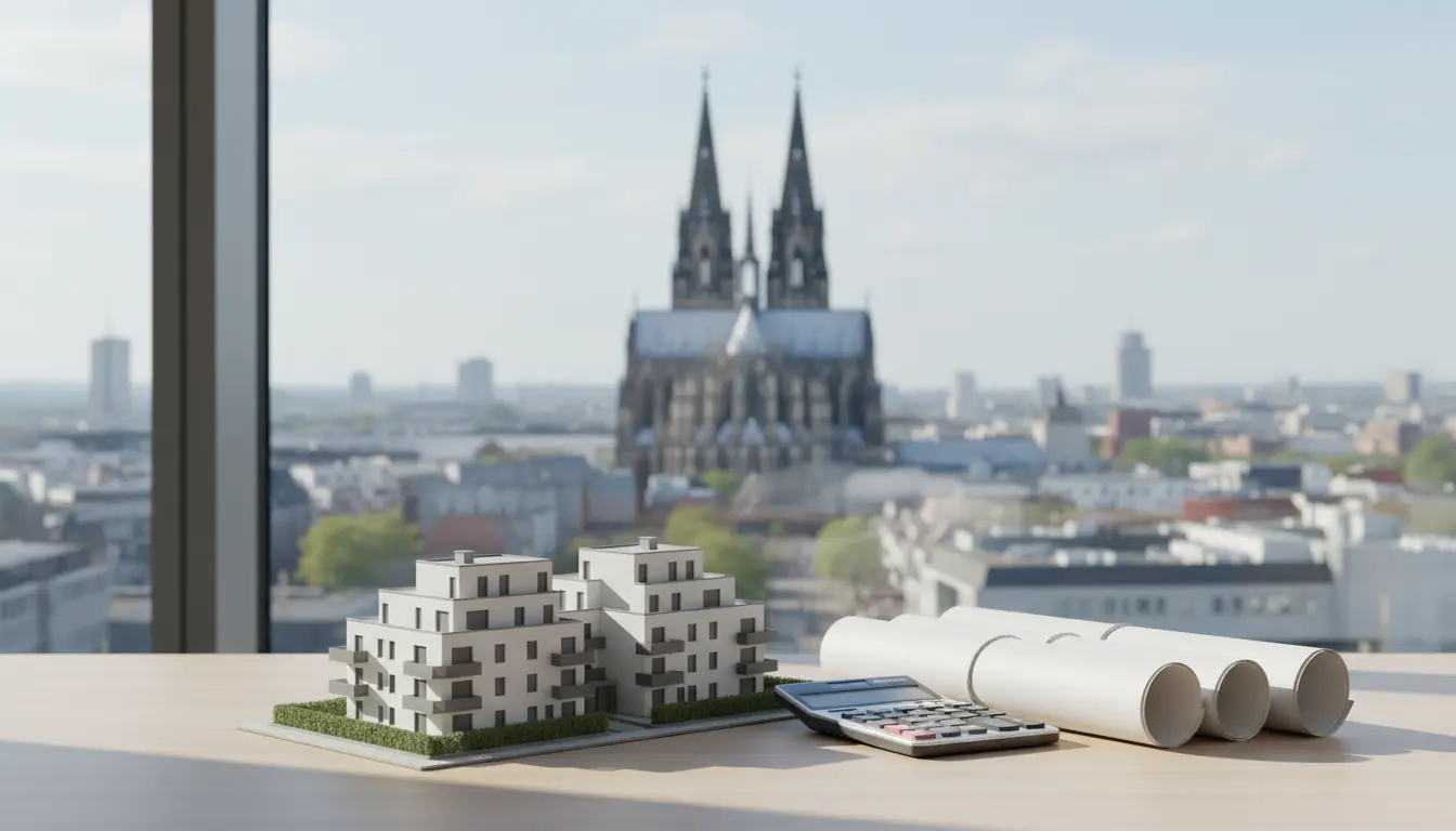 Modellhäuser, Baupläne und Taschenrechner auf dem Schreibtisch, Stadtblick