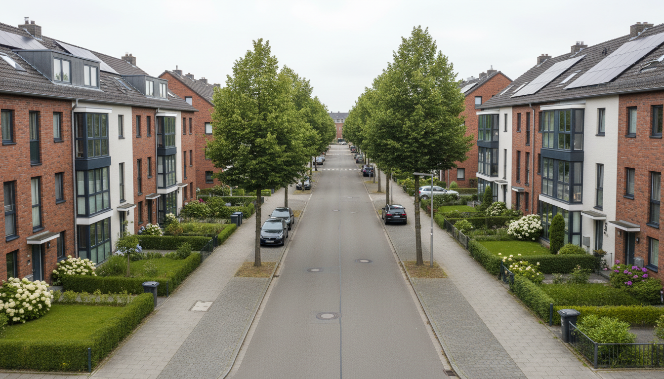 Blick auf ruhige Wohnstraße mit Bäumen und Gärten