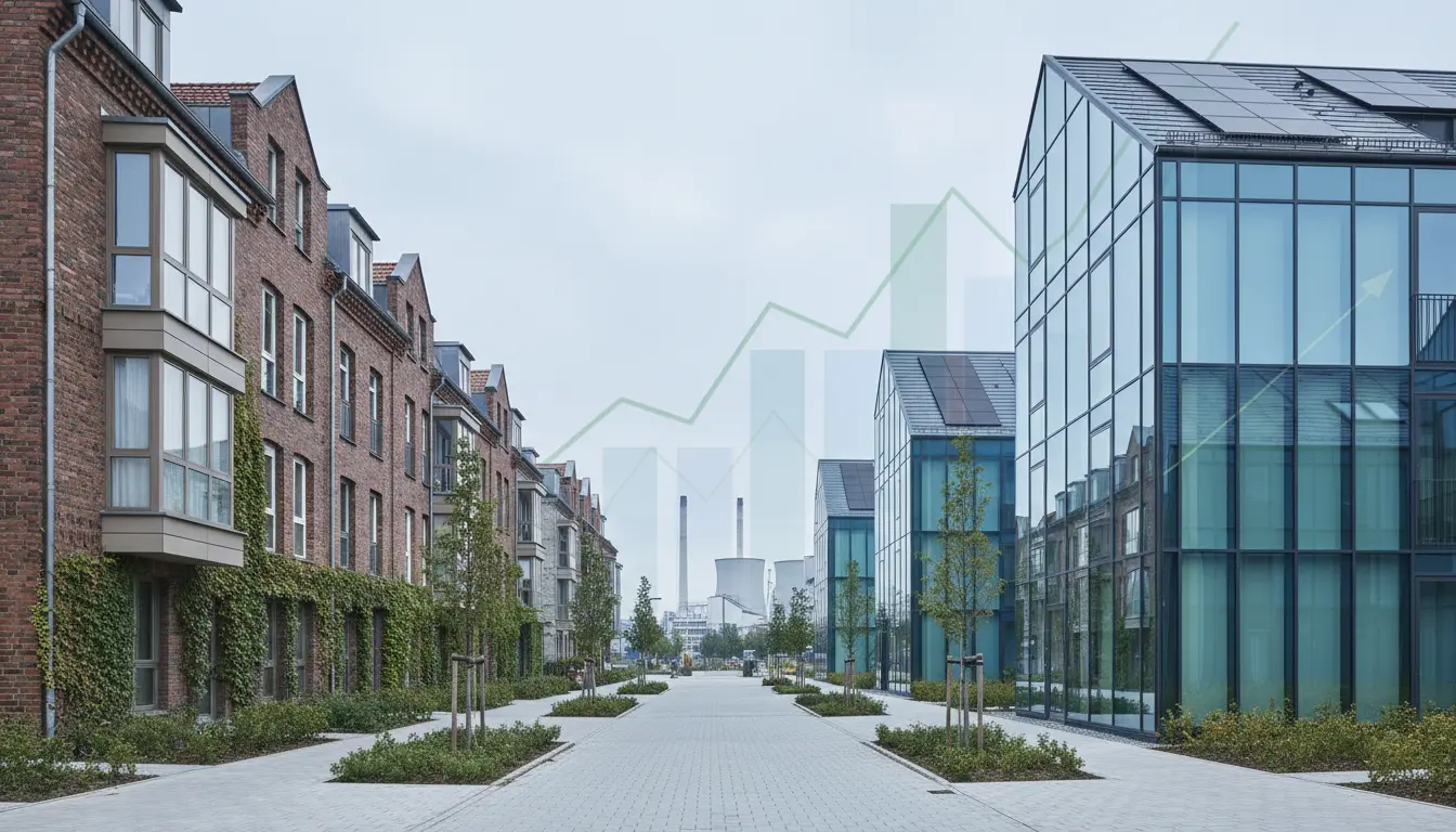 Straßenansicht mit historischen Backsteinbauten links und Glasfassaden rechts, Diagrammlinien.