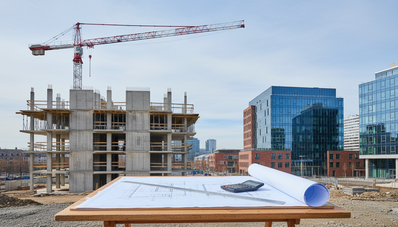 Baustelle mit Kran, Rohbau und Bauplänen im Vordergrund.