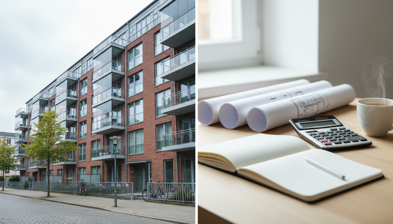 Moderne Wohnanlage links, Bürounterlagen rechts am Schreibtisch.