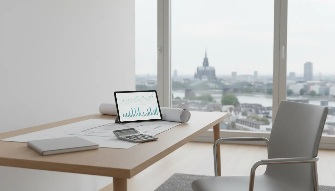 Moderner Büroarbeitsplatz am Fenster mit Tablet-Diagrammen und Grundrissen