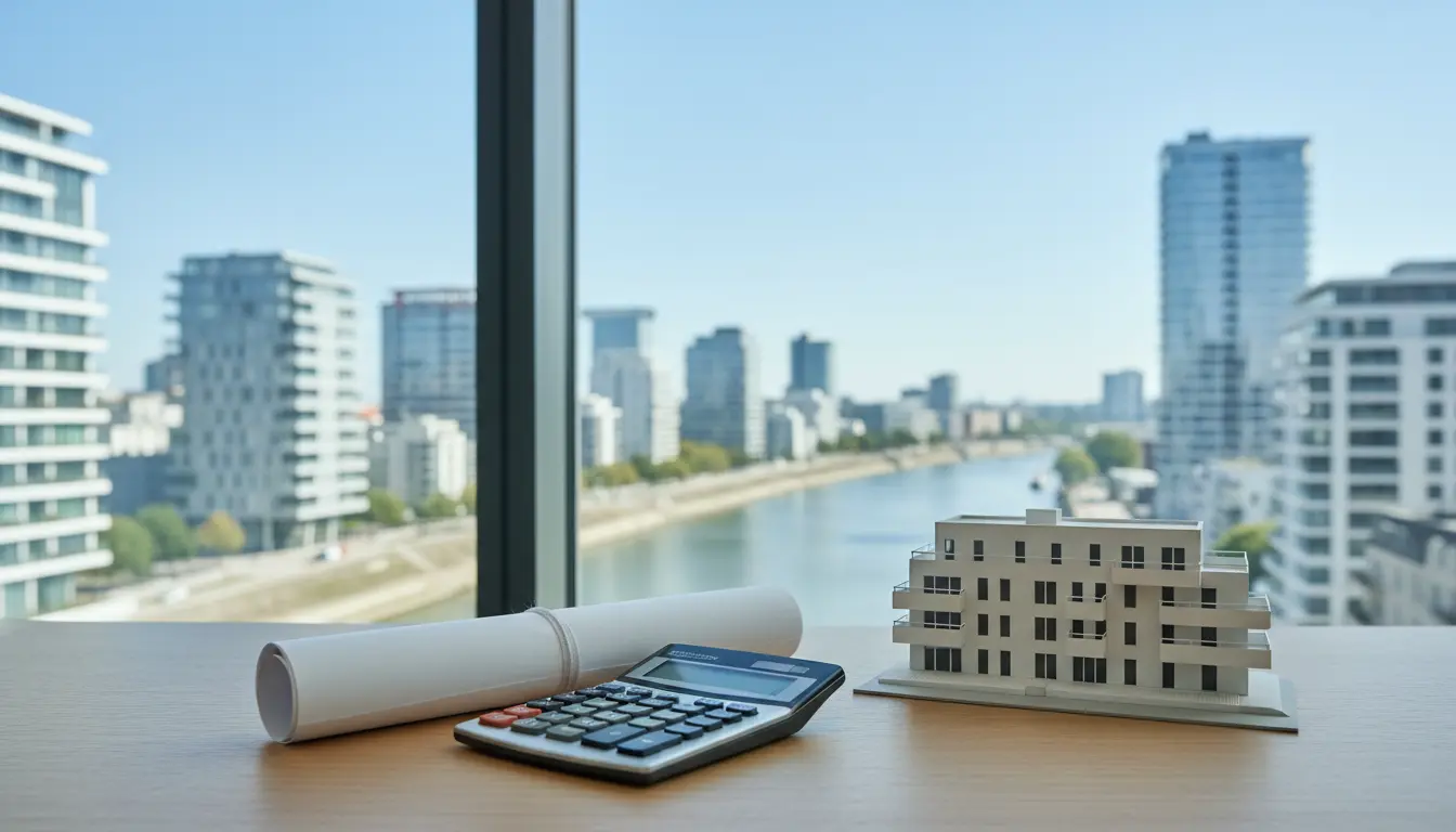 Schreibtisch mit Bauplanrolle, Modellhaus und Flussblick.
