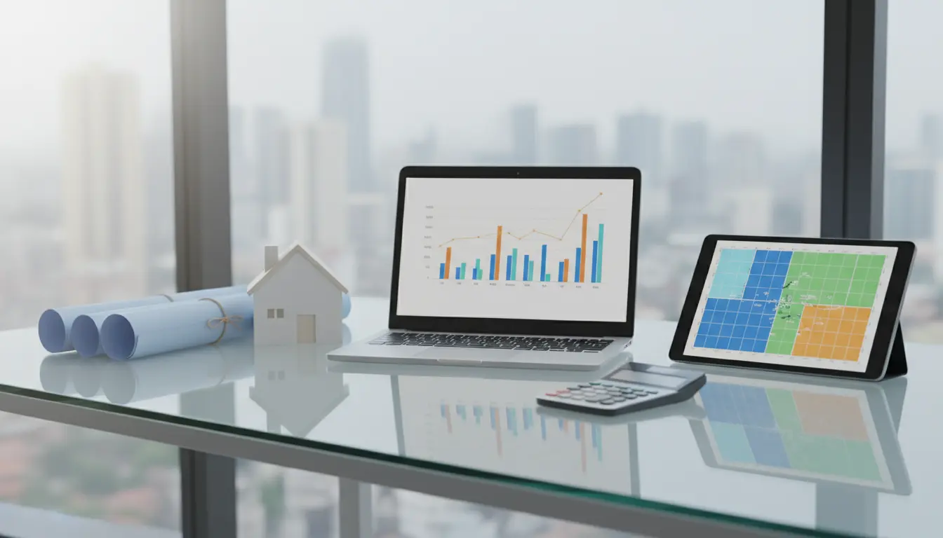 Arbeitsplatz mit Laptop, Tablet, Hausmodell und Plänen.