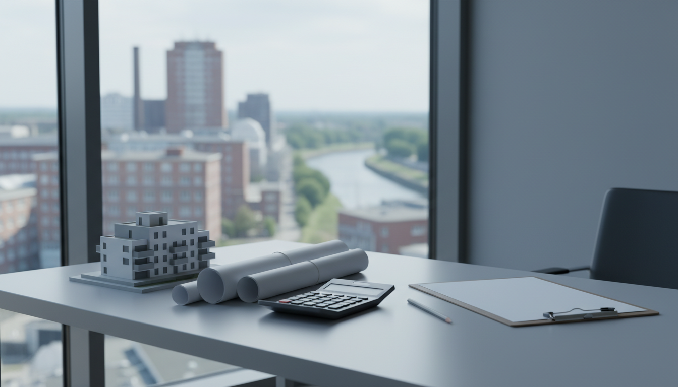 Architektur-Modell, Baupläne und Taschenrechner auf Schreibtisch.