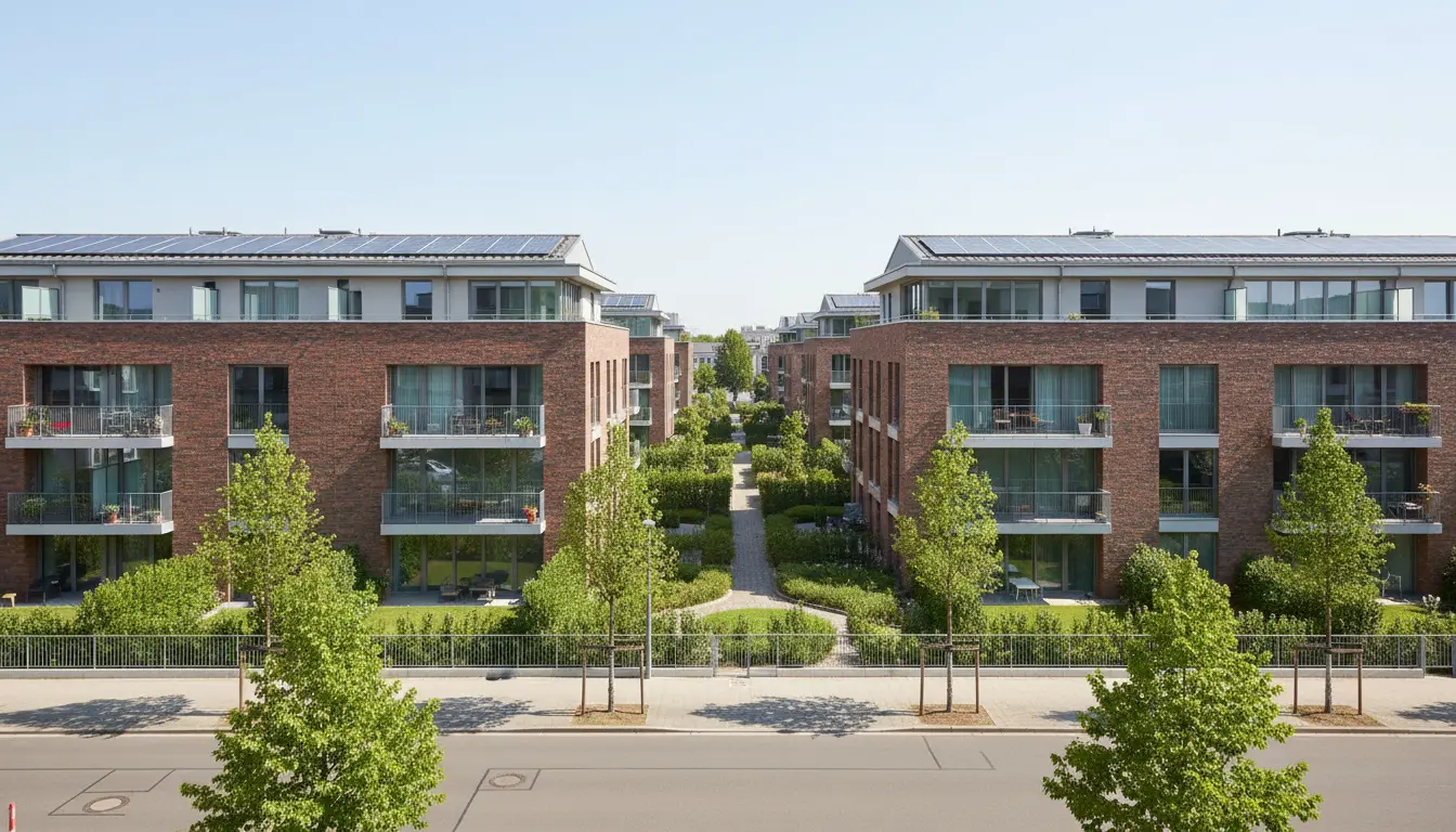 Moderne Backstein-Wohnanlage mit grünem Innenhof und Bäumen