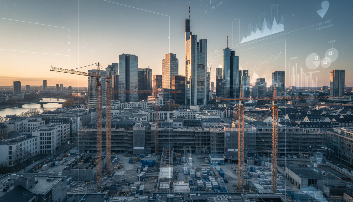 Stadt-Skyline mit Baustellen und digitalen Grafiken.