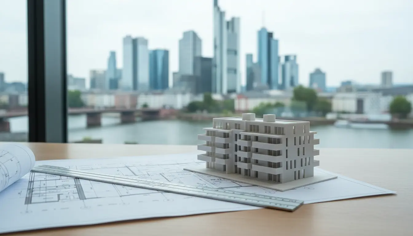 Modell eines Wohngebäudes auf Plänen.