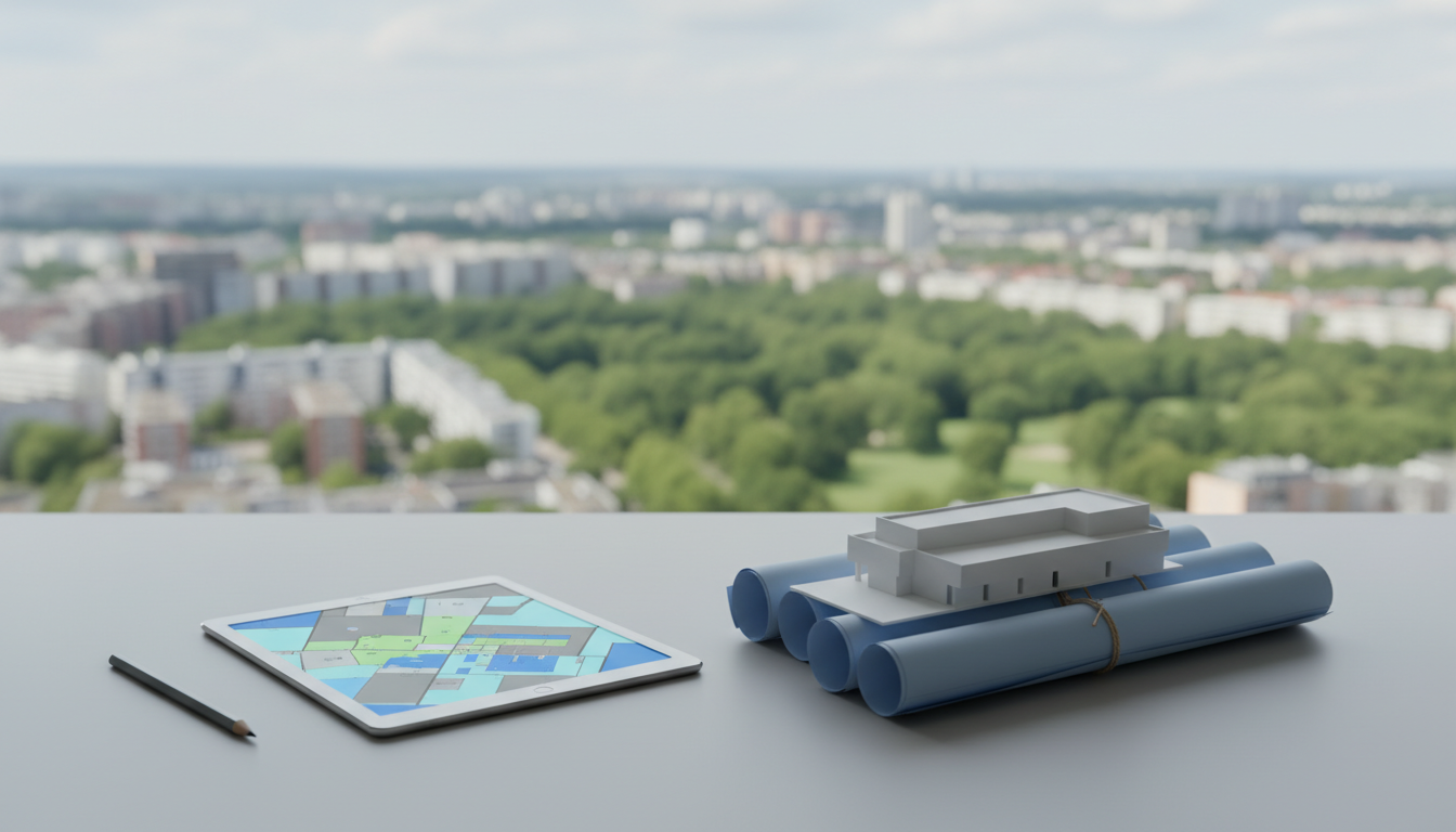 Modell eines Gebäudekomplexes, Pläne und Tablet mit Karte