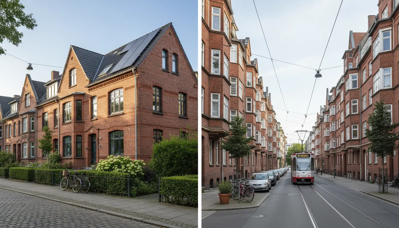 Zwei Ansichten: Backsteinhaus und Straßenbahn in Stadtviertel.