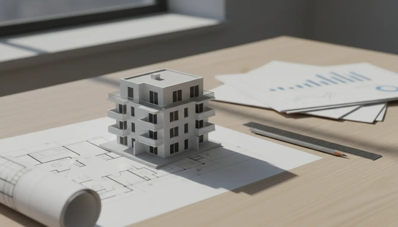 Architekturmodell eines Mehrfamilienhauses auf Bauplänen