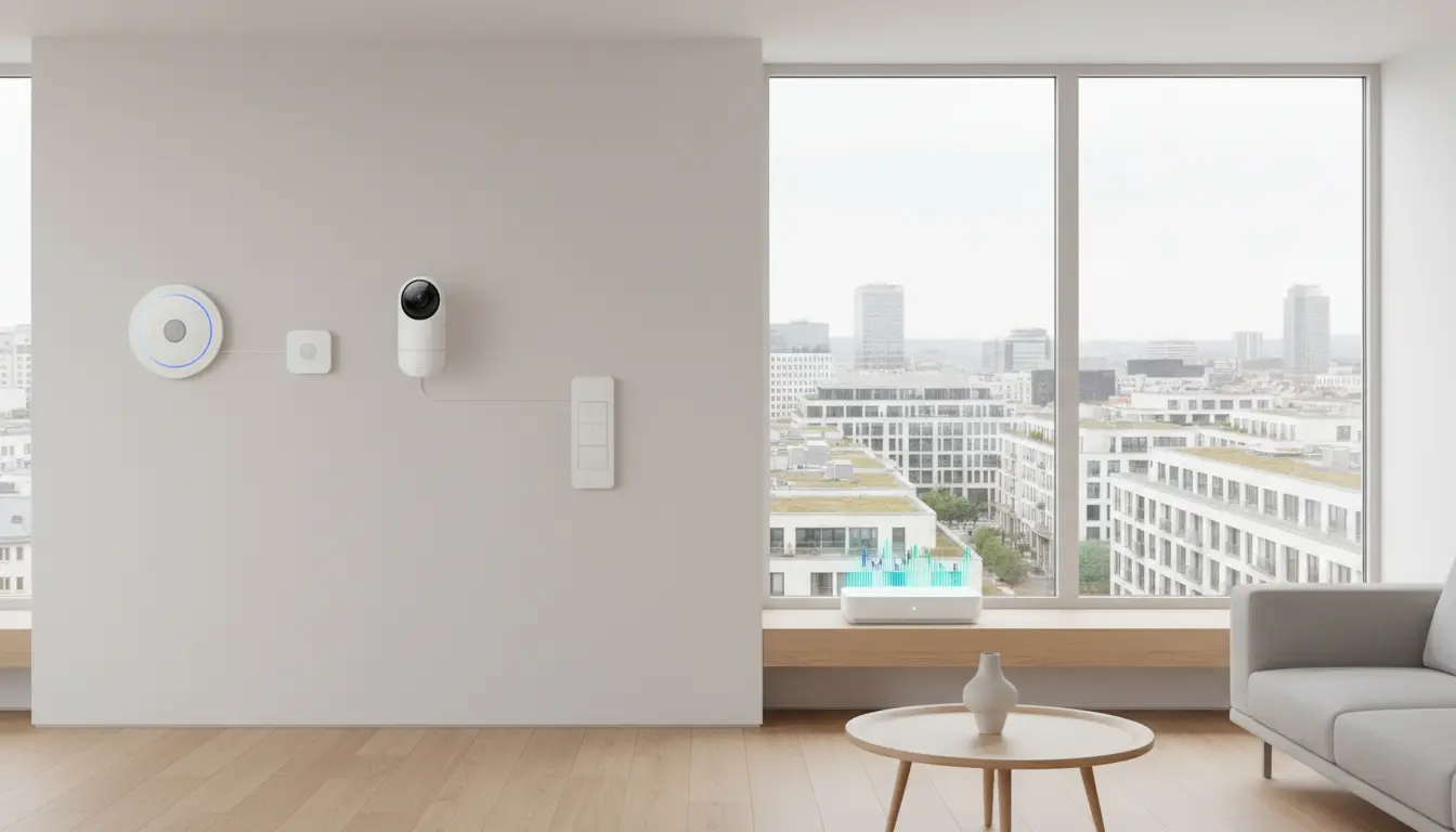 Moderne Wohnung mit Smart-Home-Geräten an der Wand.