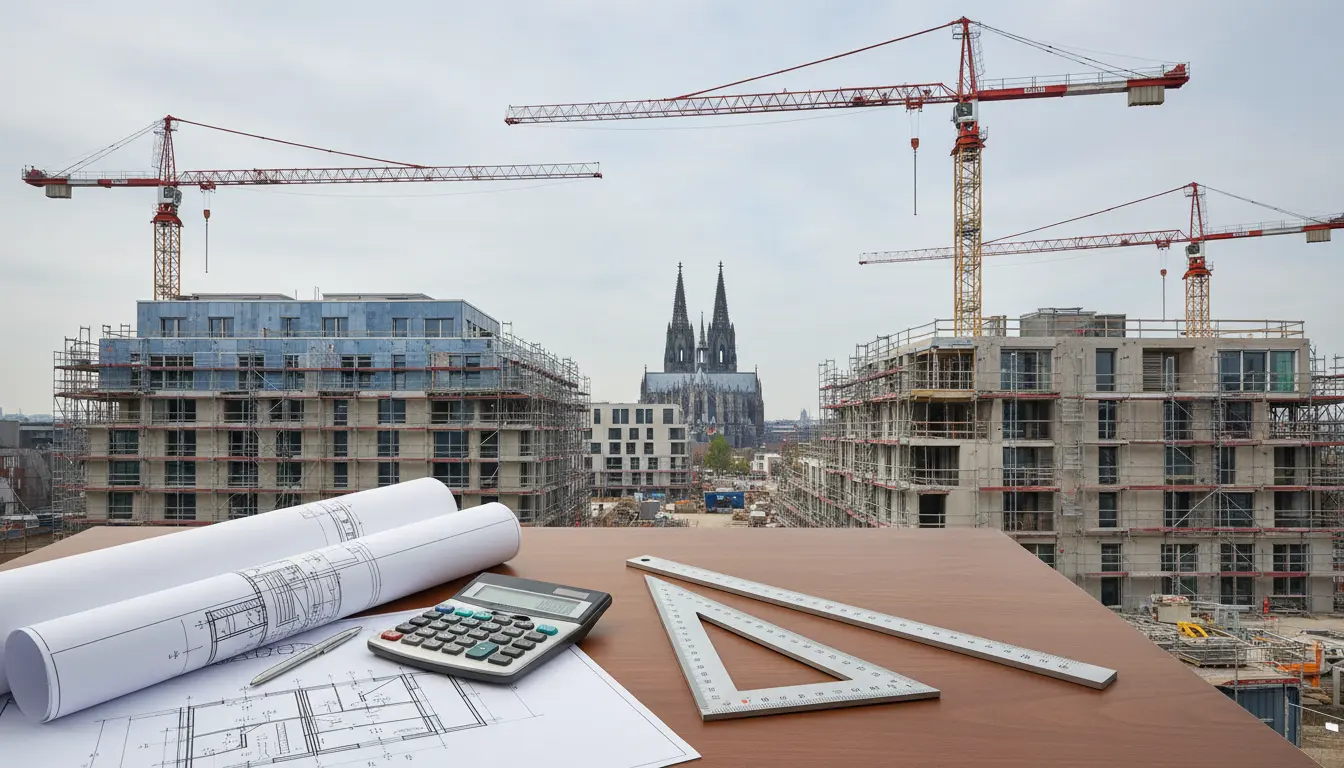 Baustelle mit Kränen, Bauplänen und Zollstock, Dom im Hintergrund.