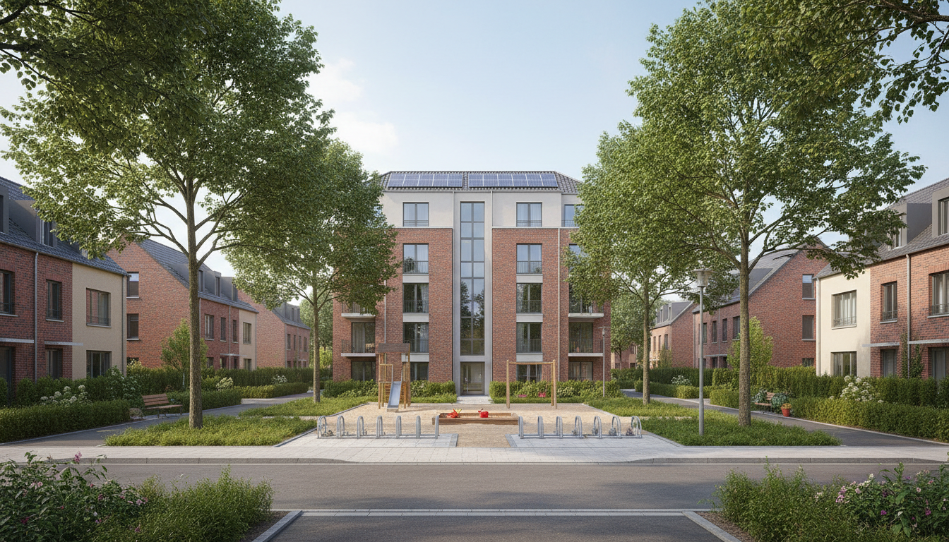 Zentrales Wohnviertel mit Bäumen, Brunnen und Innenhof.