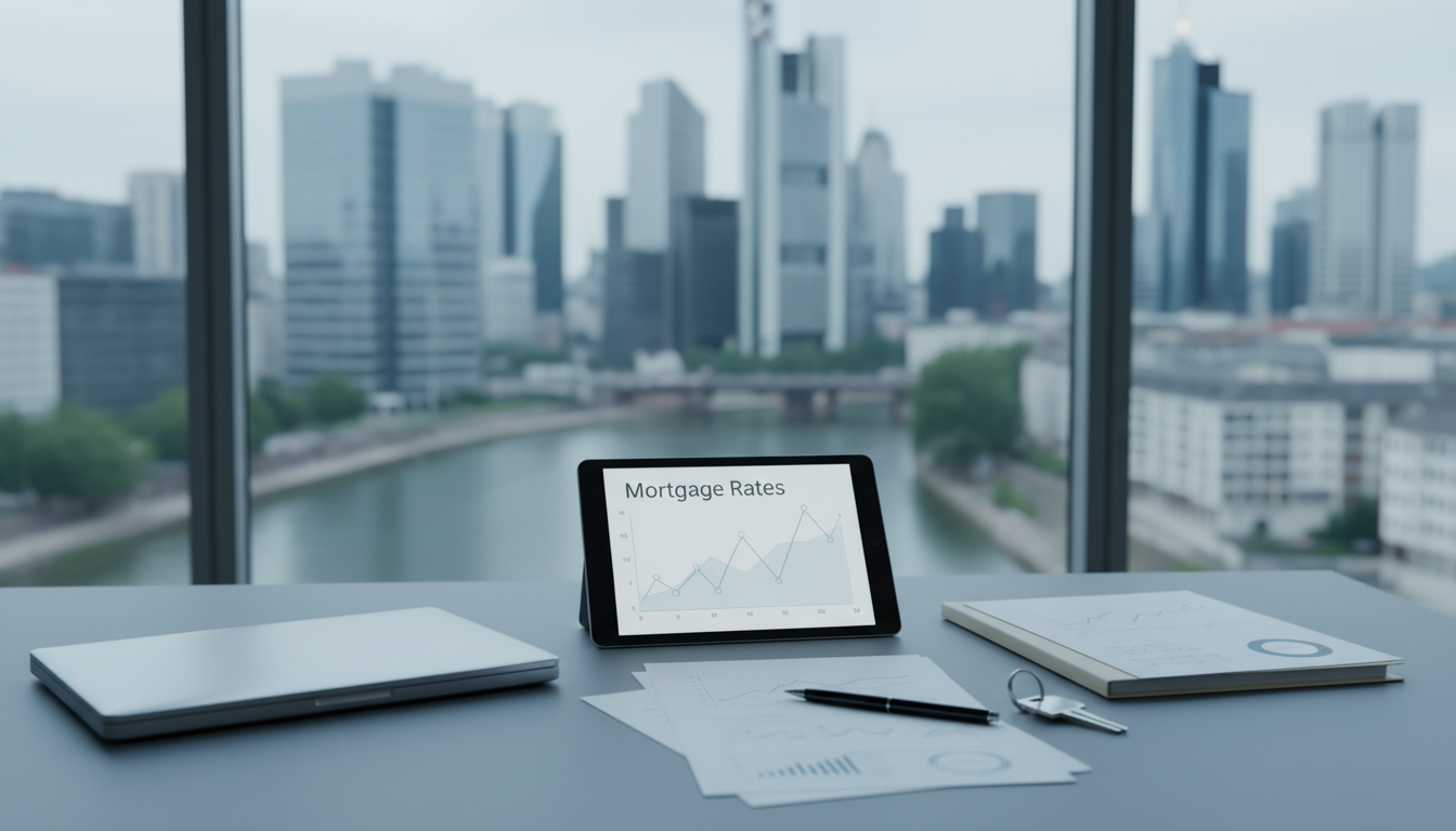 Tablet zeigt Diagramme zu Hypothekenzinsen, Büro mit Skyline.