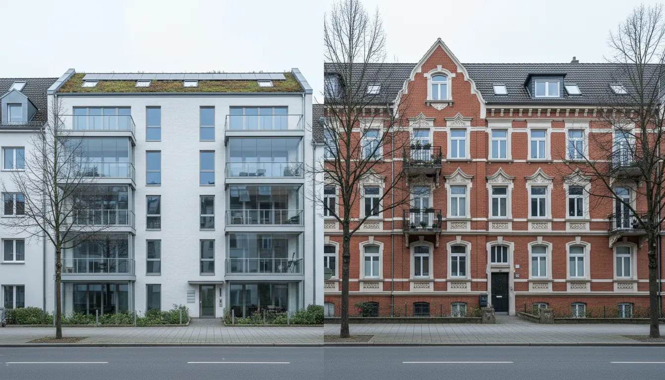 Moderne weiße Wohnanlage links, historisches rotes Backsteinhaus rechts.