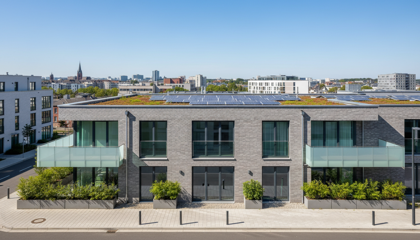 Moderner Ziegel-Gebäudekomplex mit Balkonen und Dachbegrünung