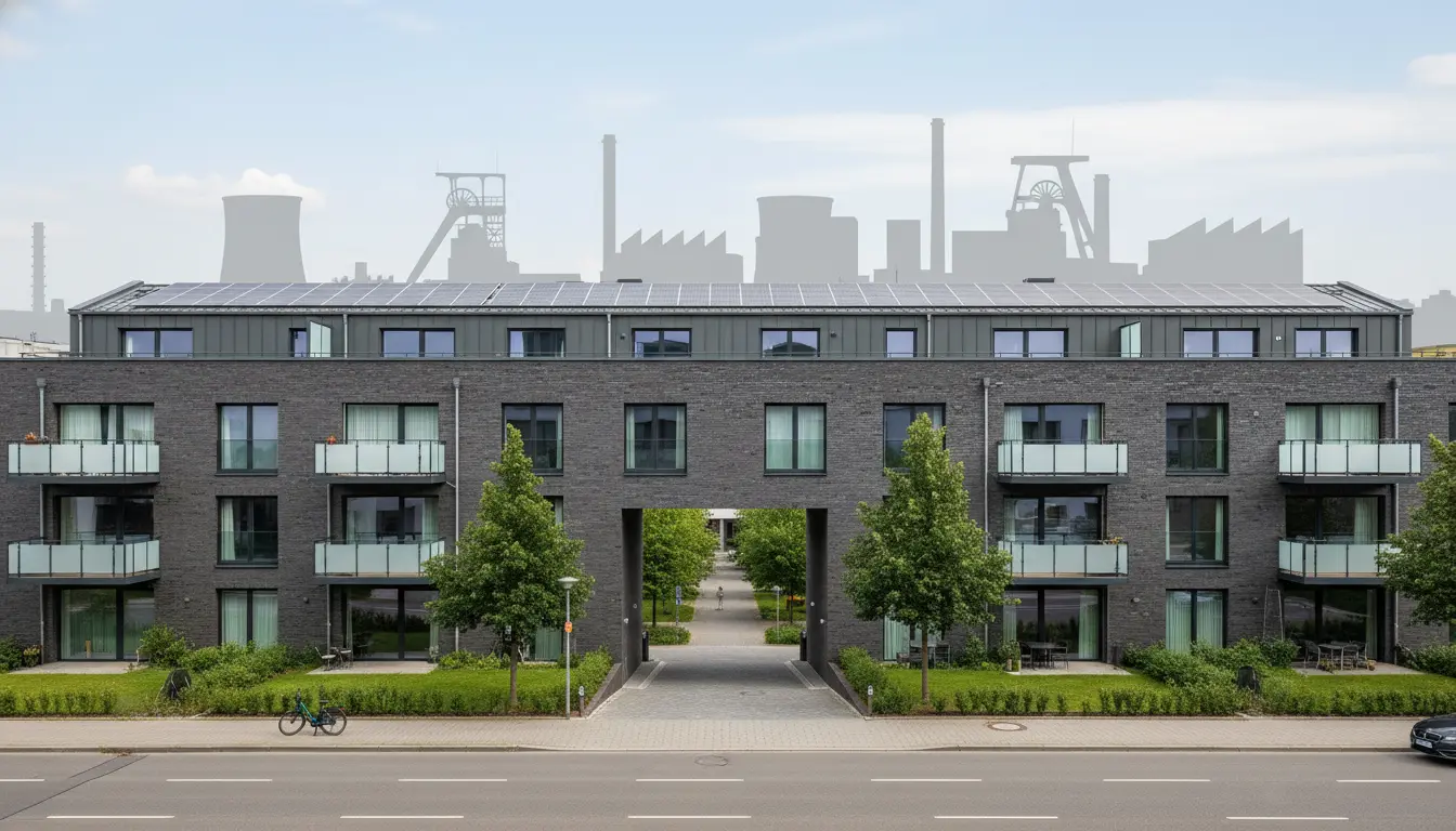 Moderne Wohnanlage mit zentralem Durchgang, Balkonen und Grünflächen.