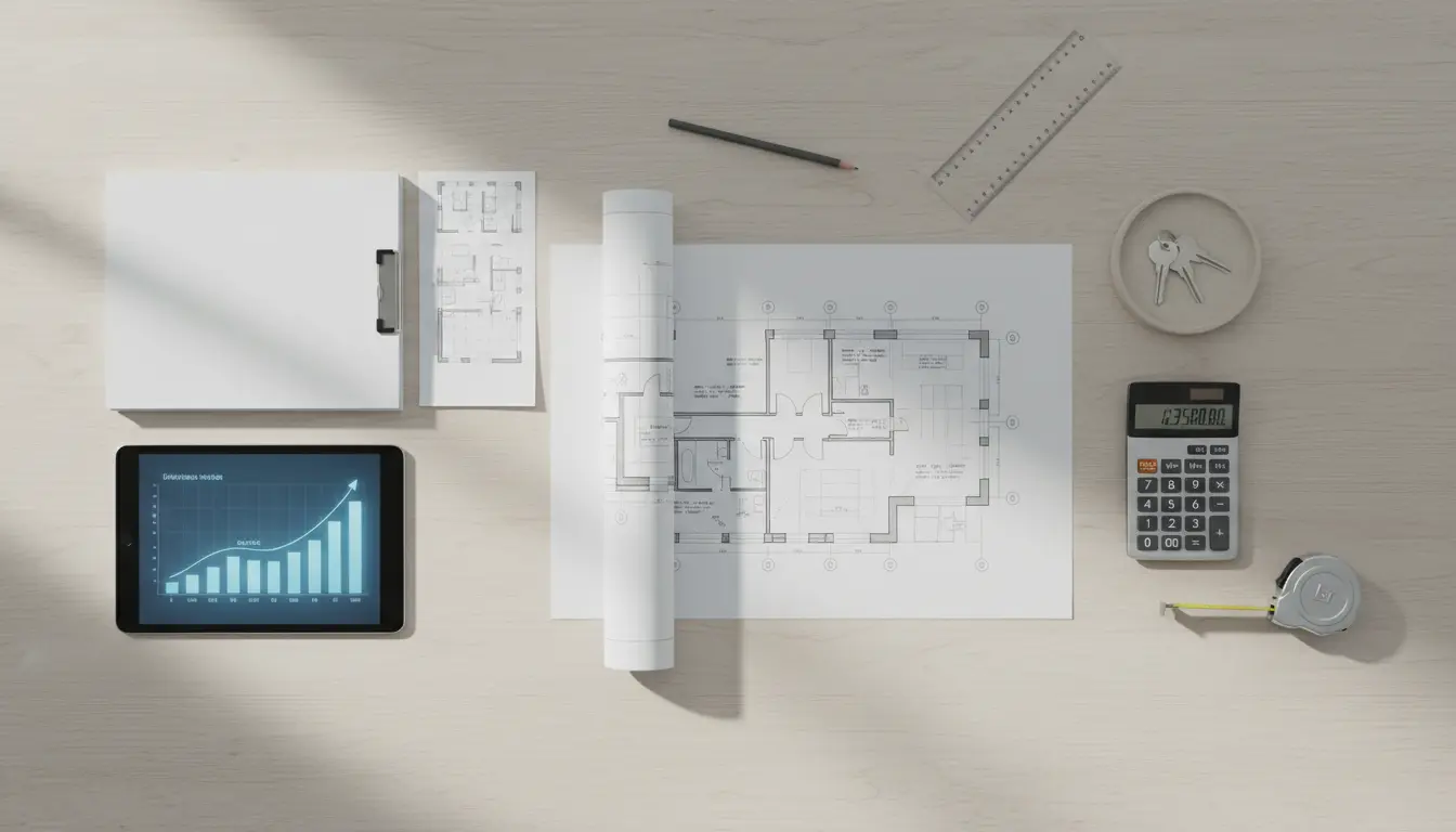 Arbeitsplatz mit Bauplänen, Tablet und Messwerkzeugen.