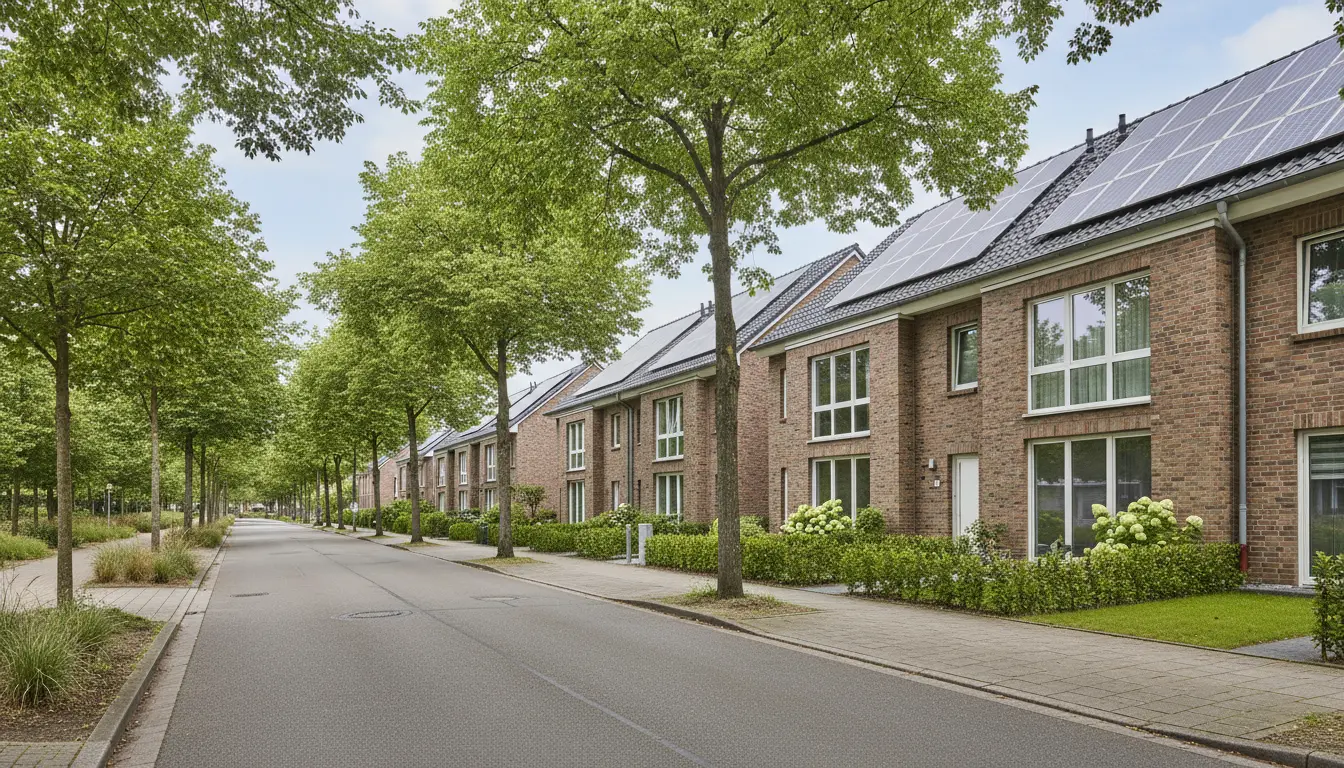 Wohnstraße mit Reihenhäusern, Bäumen und Solarpanelen.