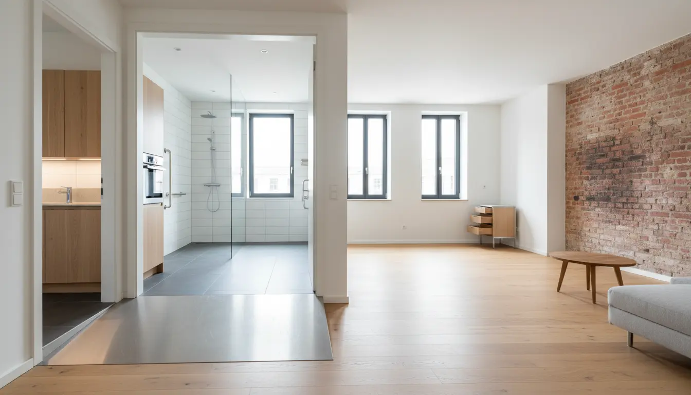 Offener Wohnbereich mit Küche, Bruchsteinwand und Fensterfront.