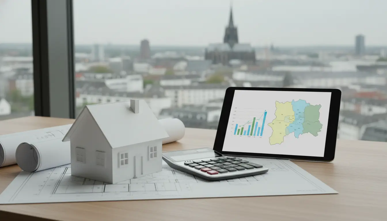 Modellhaus, Baupläne und Tablet mit Diagrammen.