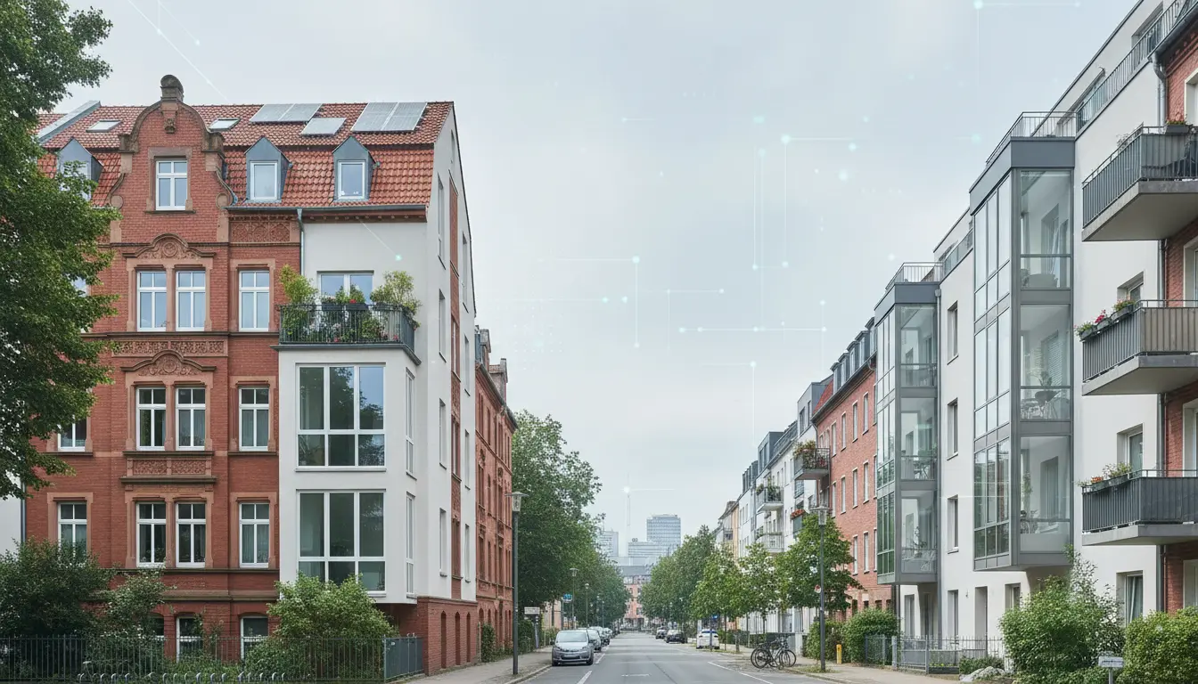 Straßenansicht mit roten Backsteingebäuden links und modernen Fassaden rechts.