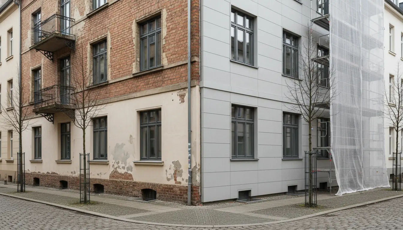 Eckgebäude mit alter Fassade und Baugerüst.