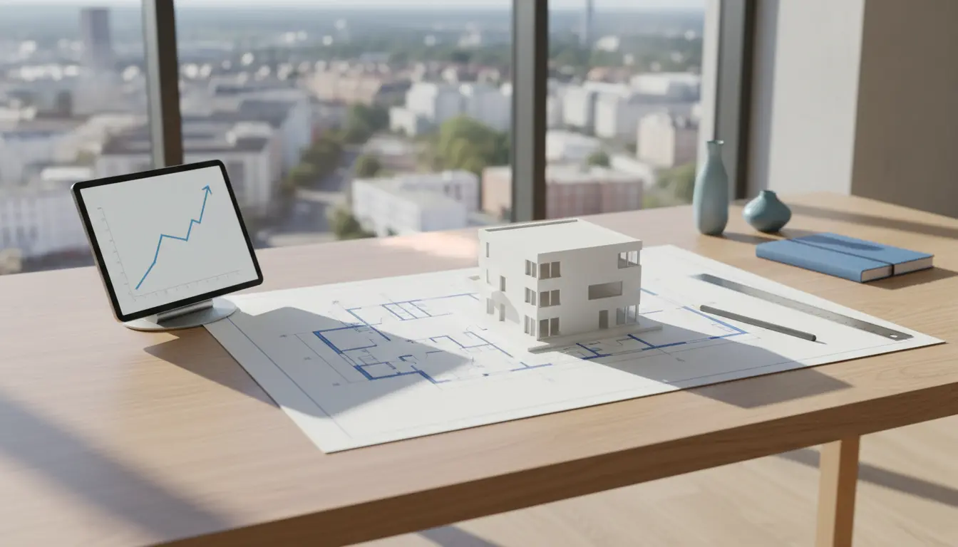 Modellhaus auf Bauplan, Tablet mit Diagramm, Stadtblick.