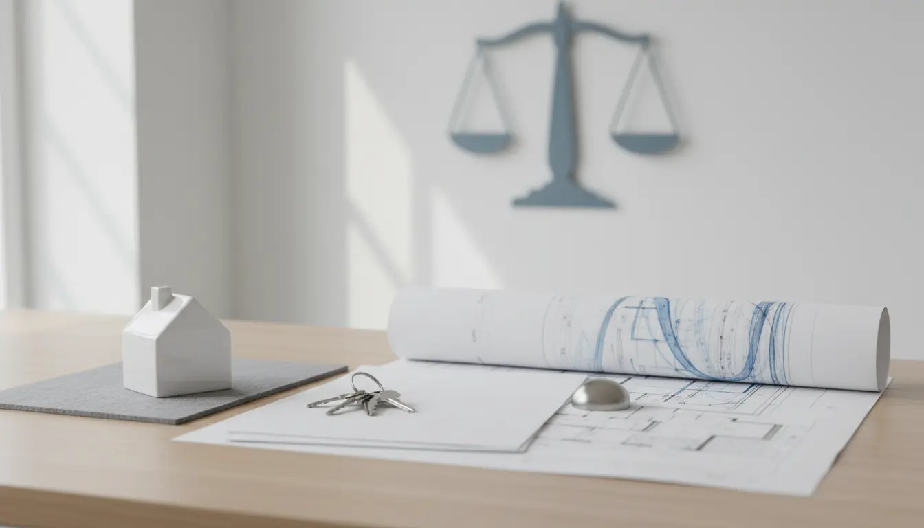 Schreibtisch mit Bauplänen, Modellhaus und Schlüsseln