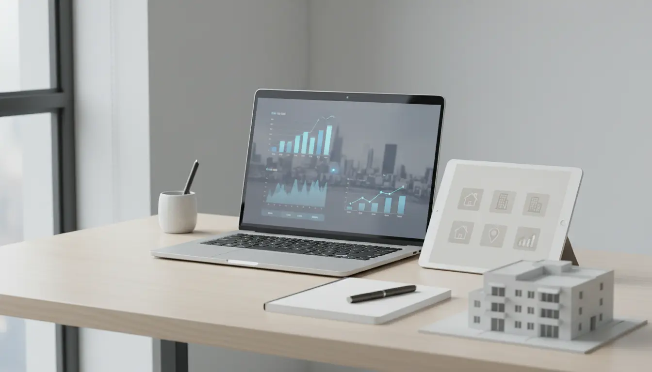 Schreibtisch mit Laptop, Tablet und Gebäudemodell.