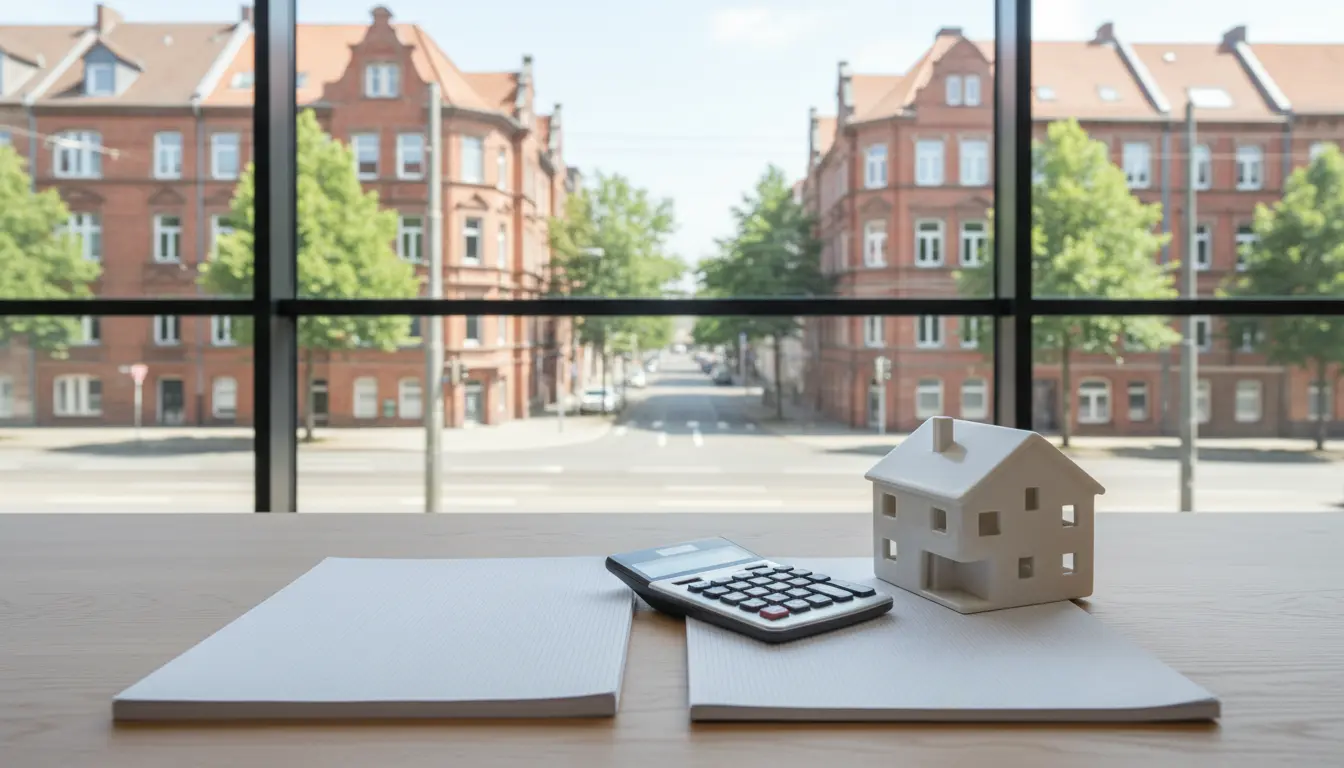Modellhaus, Taschenrechner und Unterlagen auf dem Schreibtisch am Fenster