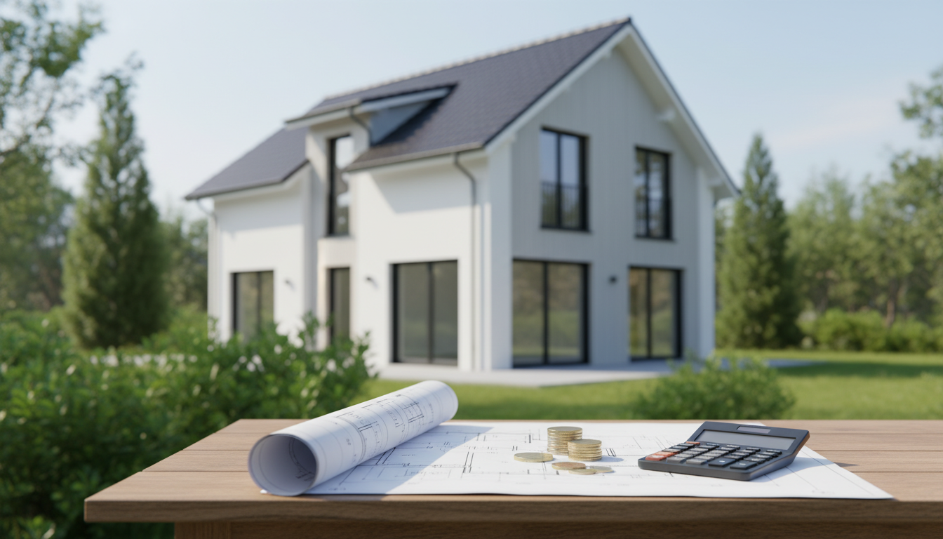 Modernes Einfamilienhaus im Garten, Baupläne, Münzen, Taschenrechner