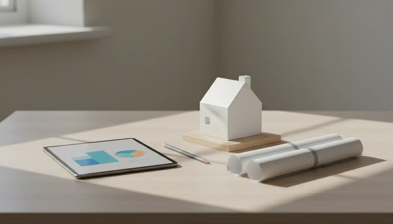 Architekturmodell, Baupläne und Tablet auf dem Tisch.