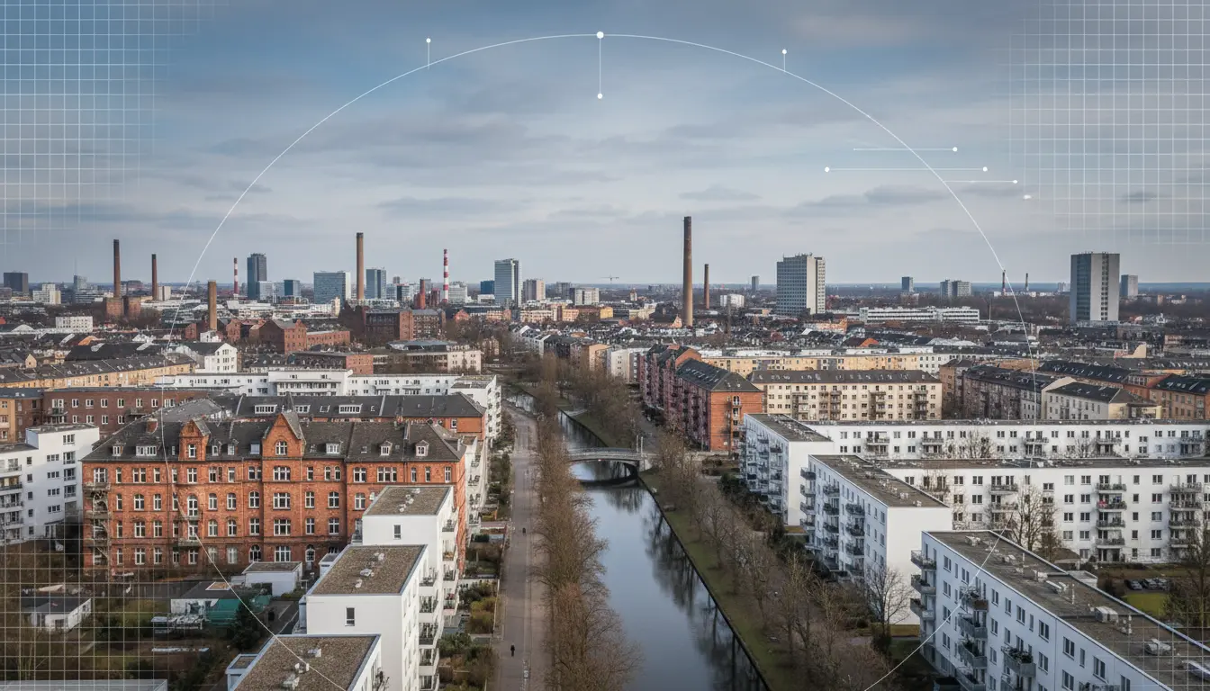 Luftaufnahme einer Stadt mit Kanal, Brücken und Gebäuden