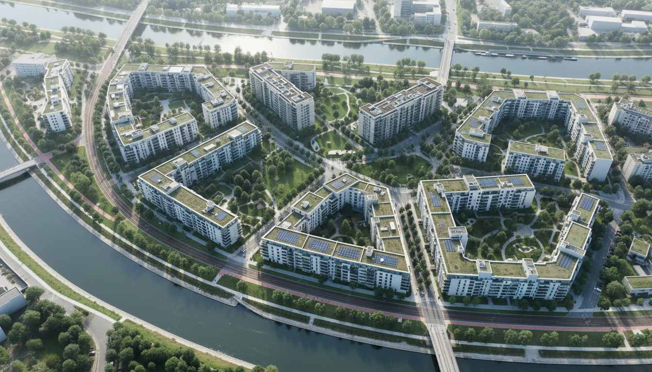 Luftaufnahme einer modernen Wohnsiedlung am Wasser mit Brücken