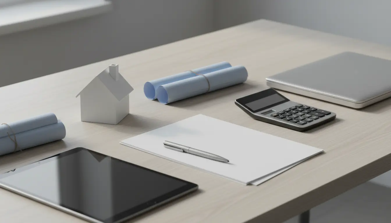 Schreibtisch mit Hausmodell, Bauplänen, Tablet und Laptop.