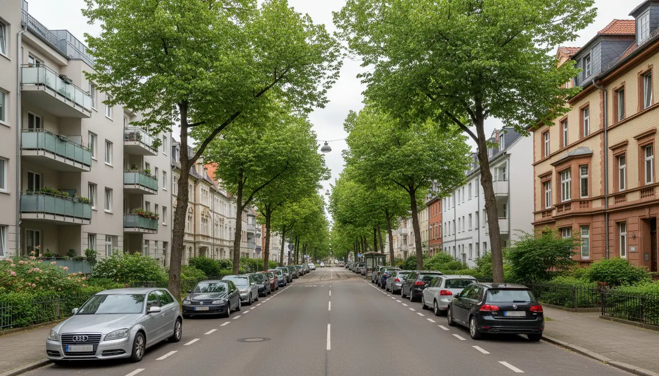 Breite Wohnstraße mit Baumreihen und parkenden Autos.