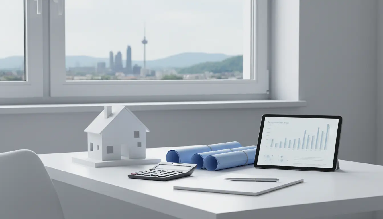 Schreibtisch mit Modellhaus, Blaupausen und Tablet.