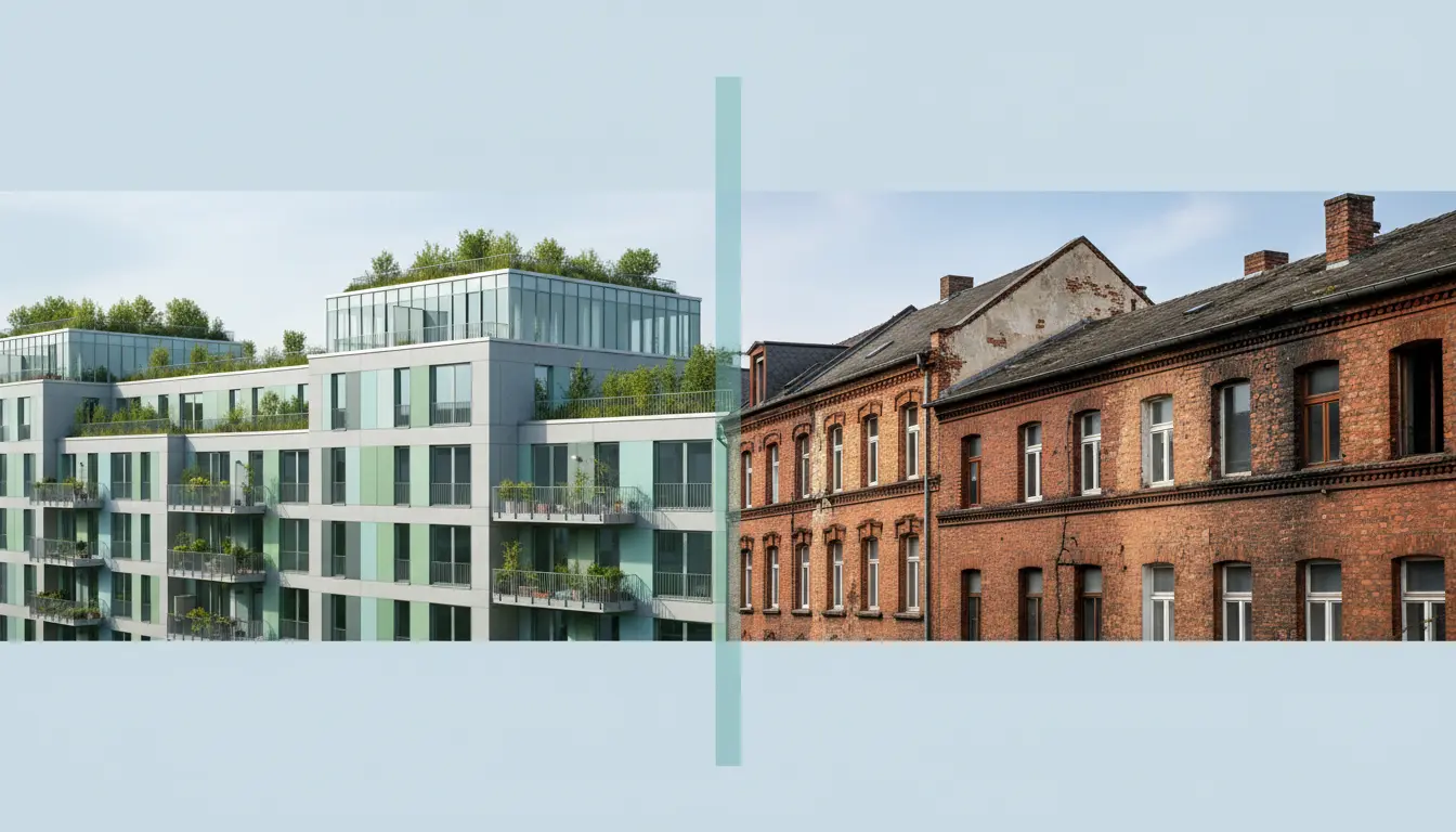 Moderne Neubauten gegenüber historischen Backsteingebäuden.