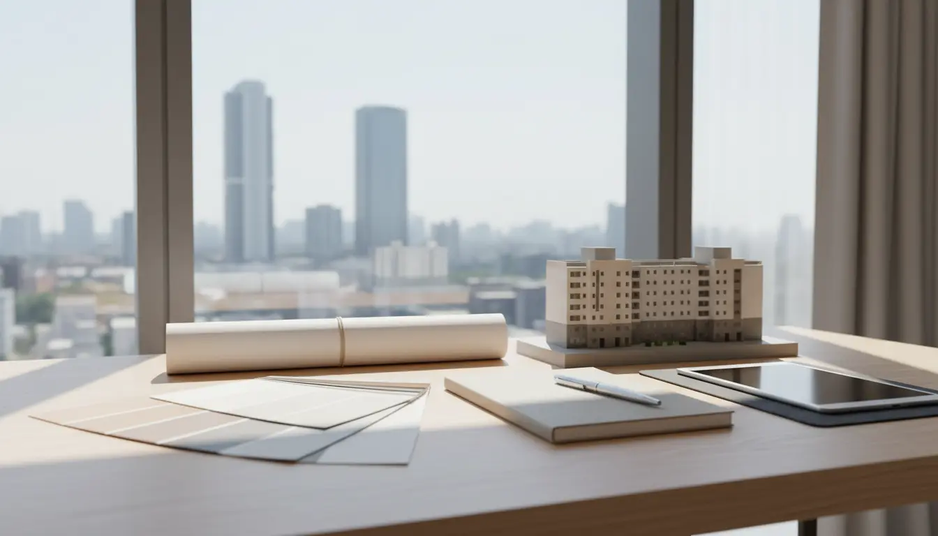 Architekturmodell, Baupläne und Tablet auf Schreibtisch vor Fenster mit Stadtblick