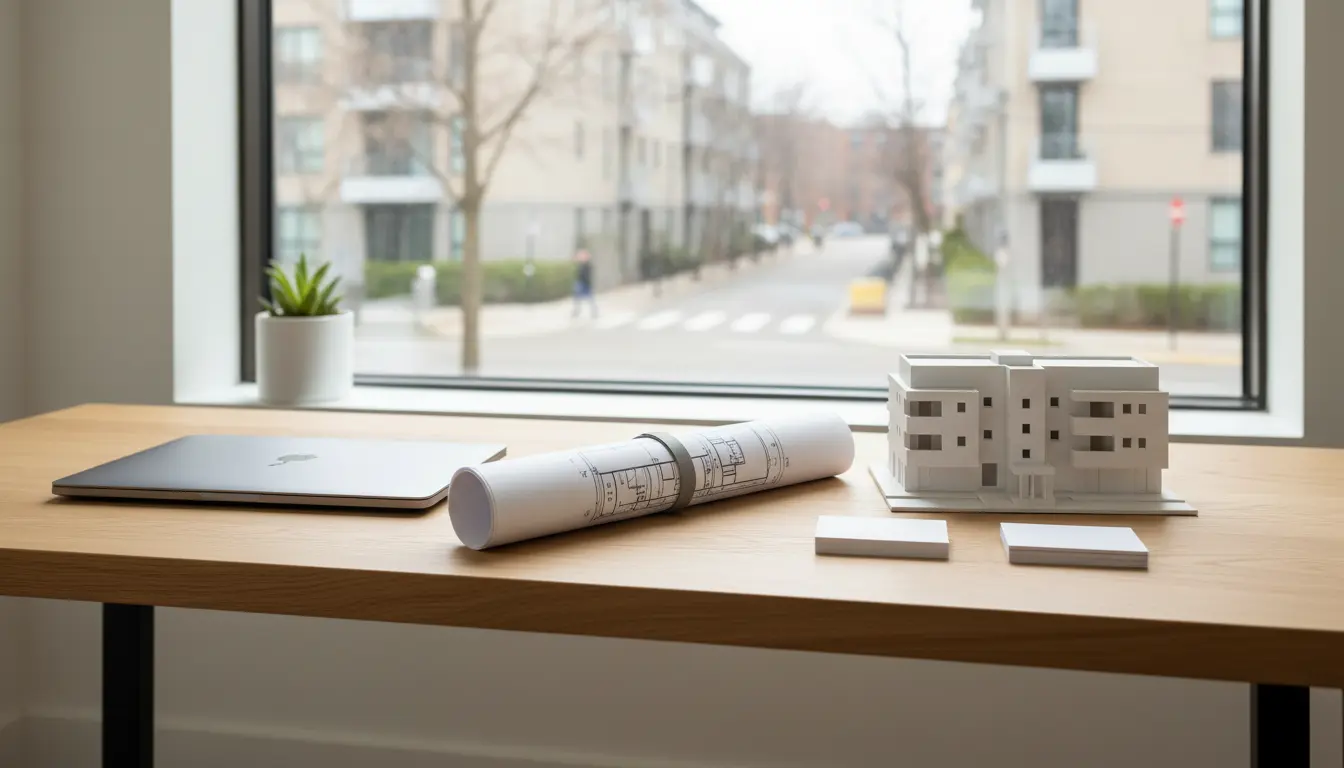 Architekturmodell, Baupläne und Laptop auf Tisch am Fenster