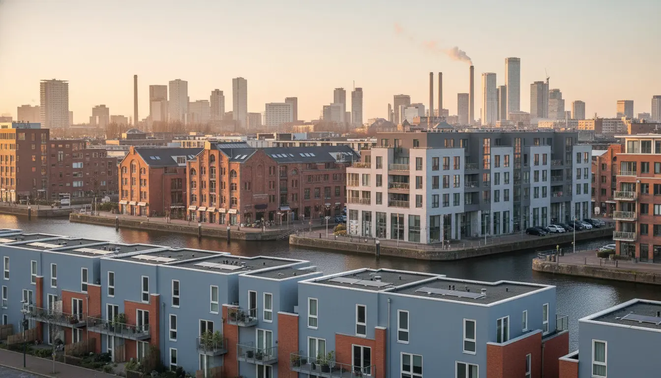 Moderne Wohnhäuser am Wasser mit Skyline im Hintergrund.