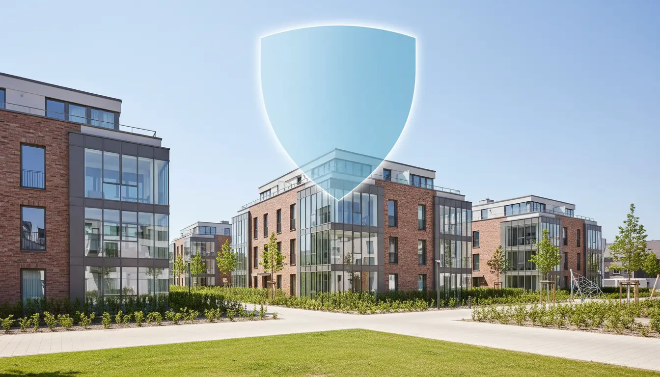 Alt text (German, 5-12 words): Title: place2be-immobilien-blog525350. Moderne Wohnanlage mit Gartenflächen und Schild-Logo.