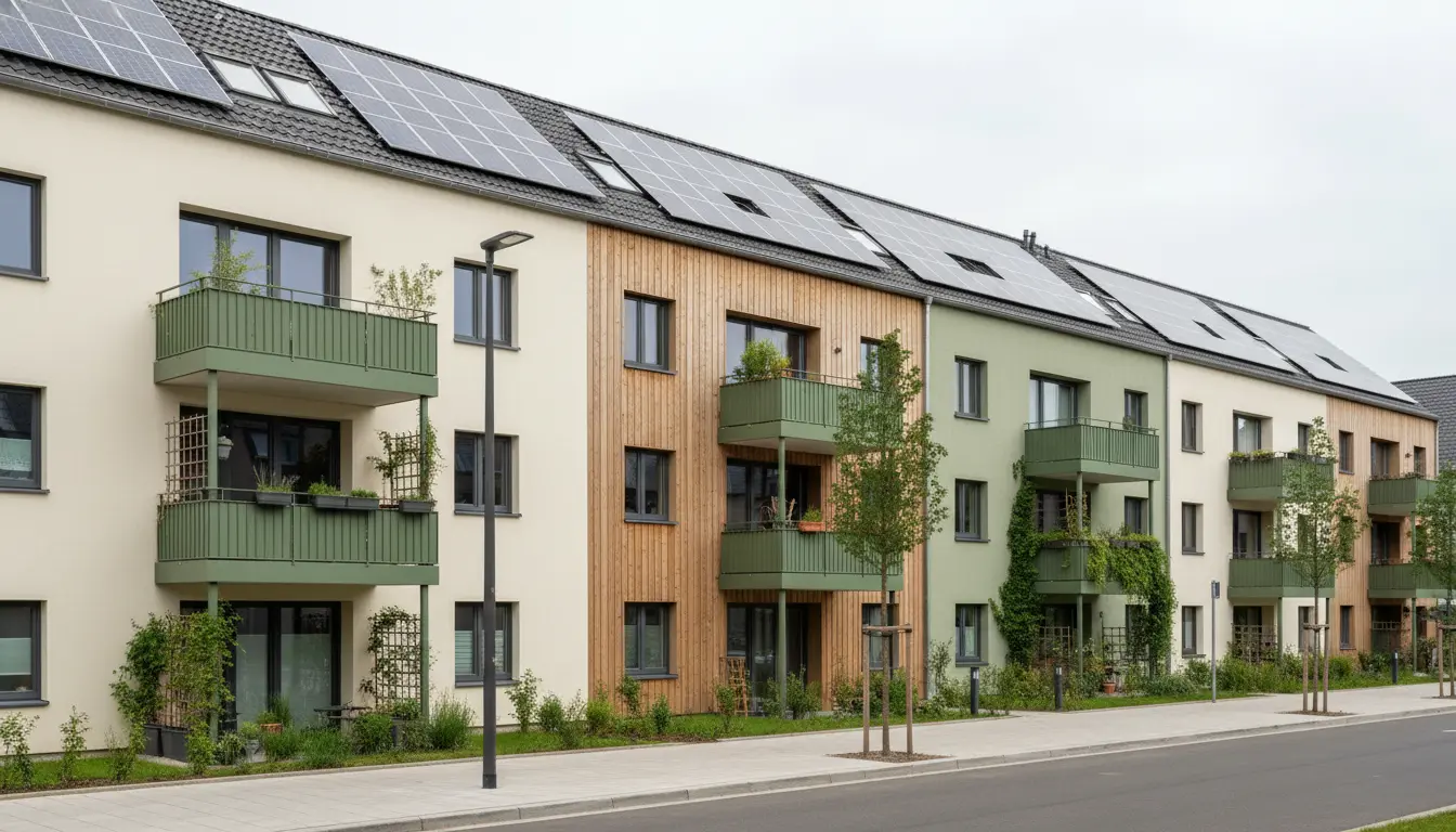 Modernes Wohnquartier mit Solarmodulen, Balkonen und Bäumen.