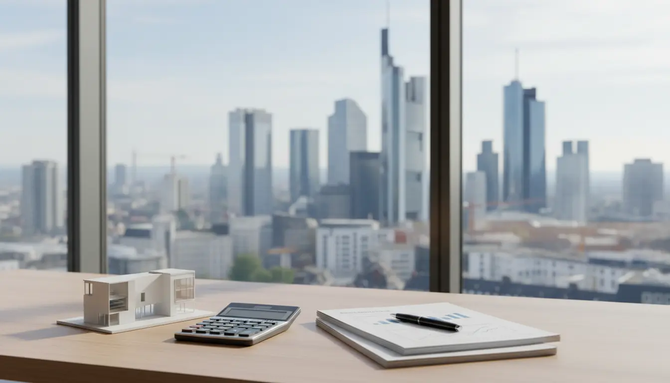 Arbeitsplatz mit Modellhaus, Taschenrechner und Unterlagen vor Stadtsilhouette.