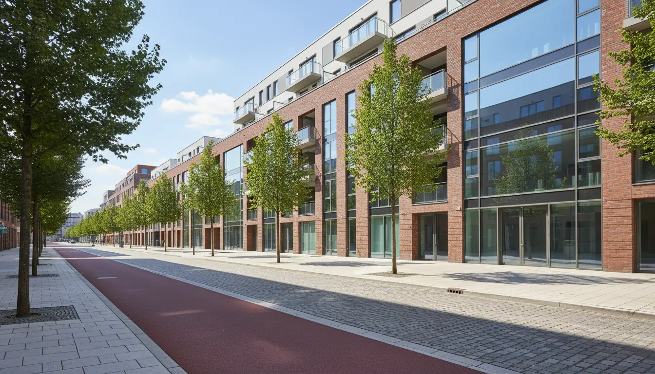 Moderne Wohnanlage mit Glasfronten und Bäumen.