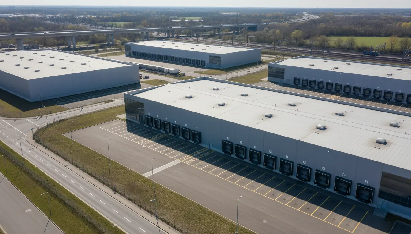 Luftaufnahme eines Industrie-Logistikzentrums mit Verladerampen