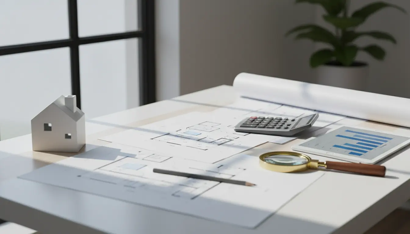Architekturpläne, Modellhaus und Lupe auf dem Schreibtisch.